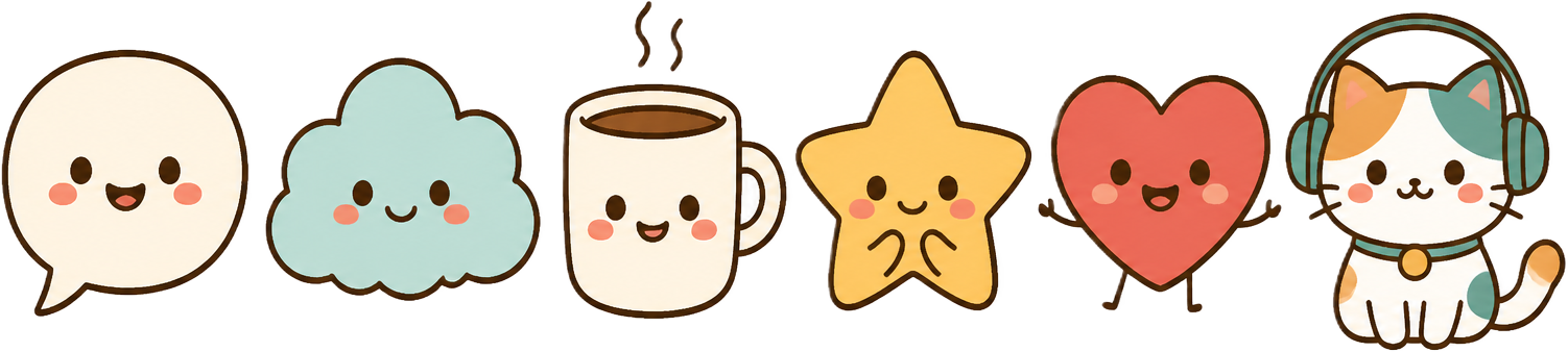 Doodle characters: a speech bubble, cloud, coffee mug, star, heart and a cat with headphones